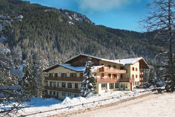 Hotel uprostřed zasněženého lesa s horami v pozadí.
