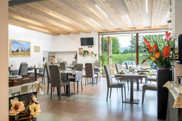 Restaurace s moderním interiérem a výhledem do zahrady.