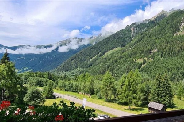 Horská krajina s lesy, loukami a modrou oblohou s oblaky.