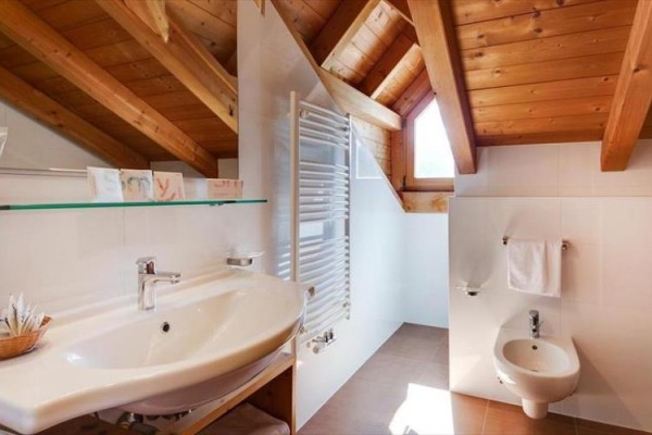 Koupelna s dřevěným stropem, umyvadlem, bidetem a radiátorem.