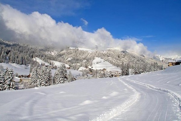 Sněhem pokryté hory a lesy pod modrou oblohou s oblaky.