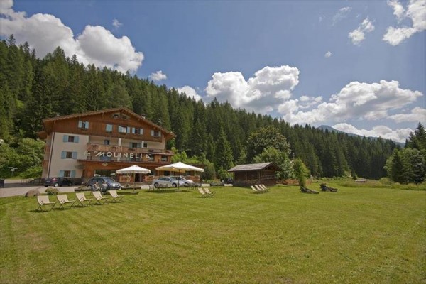 Budova penzionu obklopená lesy s několika lehátky na trávníku.