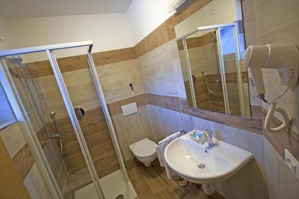 Moderní koupelna s proskleným sprchovým koutem, umyvadlem, zrcadlem a fénem.