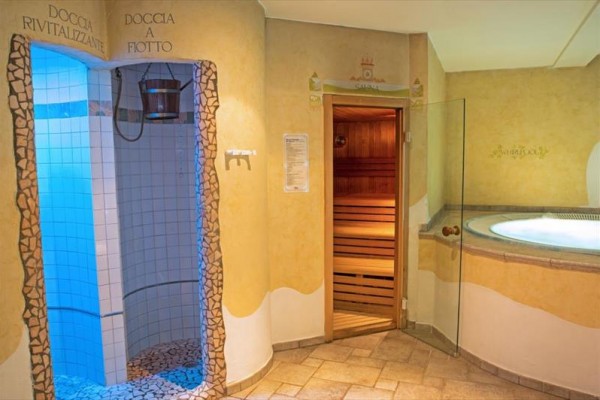 Wellness prostory s parní sprchou, saunou a vířivkou.  