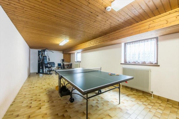 Místnost se stropem z dřevěných prken obsahující stůl na stolní tenis a posilovací stroj.