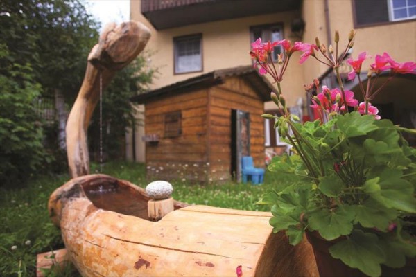 Kvetoucí pelargonie na dřevěné lavečce před dřevěnou chatkou v zahradě.
