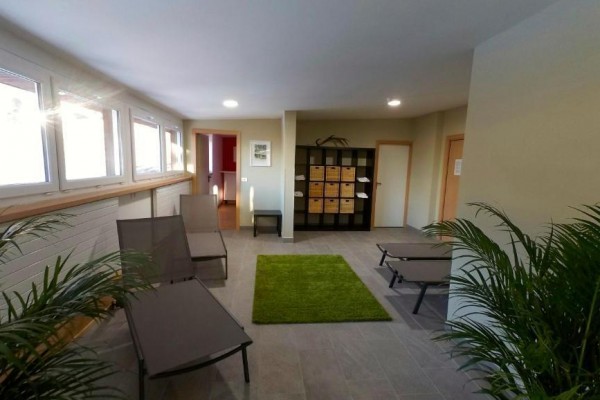 Relaxační místnost s lehátky a rostlinami, osvětlená přirozeným světlem z oken.
