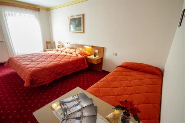 Pokoj v hotelu se dvěma postelemi a červeným kobercem.