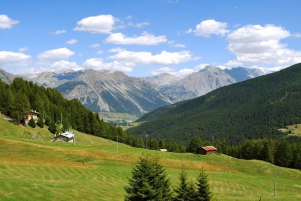 Horská krajina s roztroušenými chalupami, lesy a vzdálenými horami.