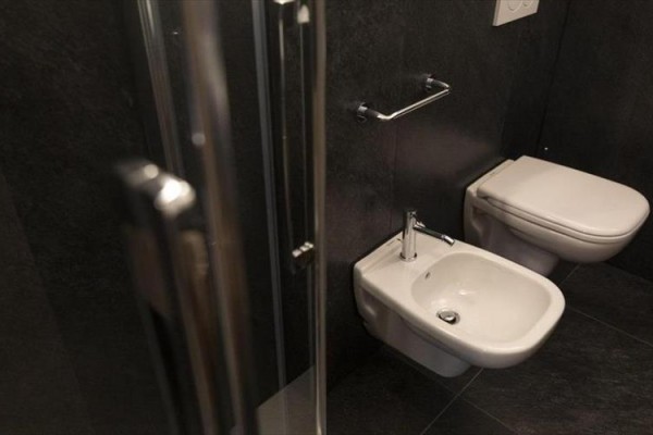 Pokoj s rozkládací postelí a přilehlou koupelnou za otevřenými dveřmi.
